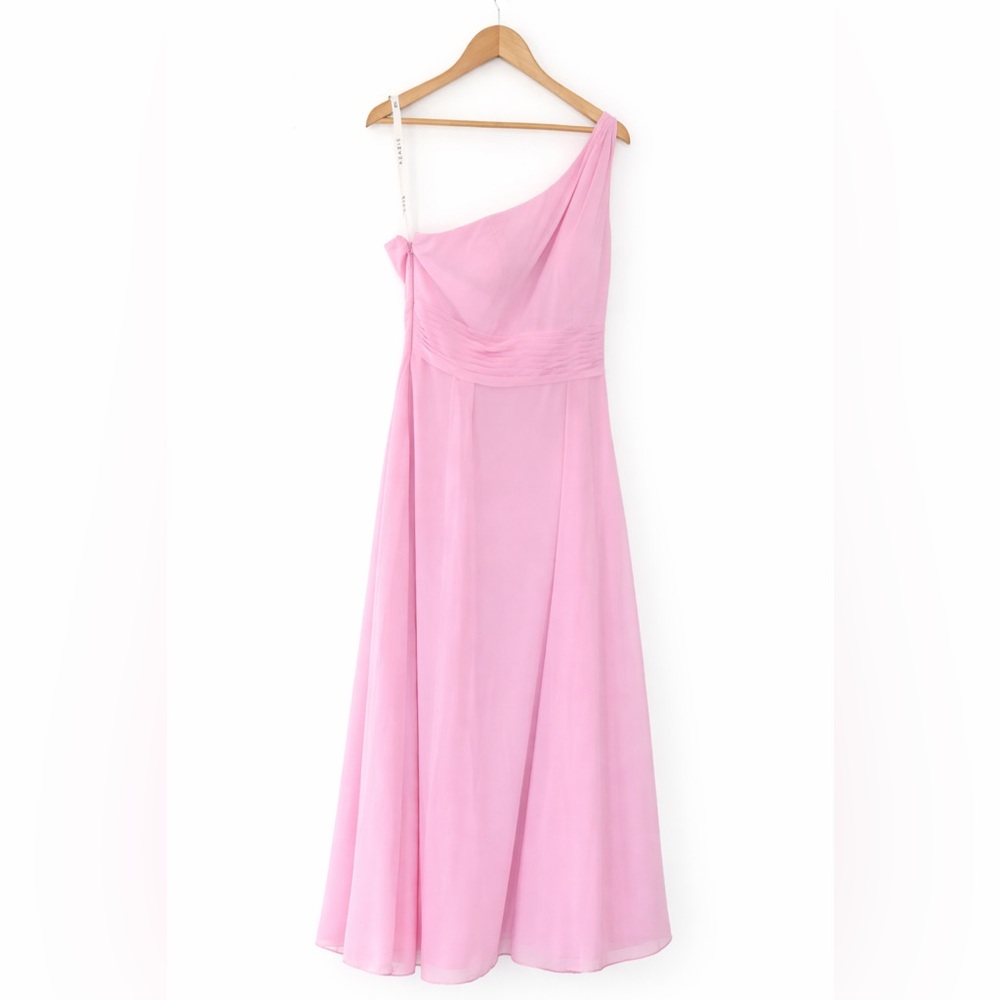 Azazie one shoulder chiffon bridesmaid dress pink A8 floor length